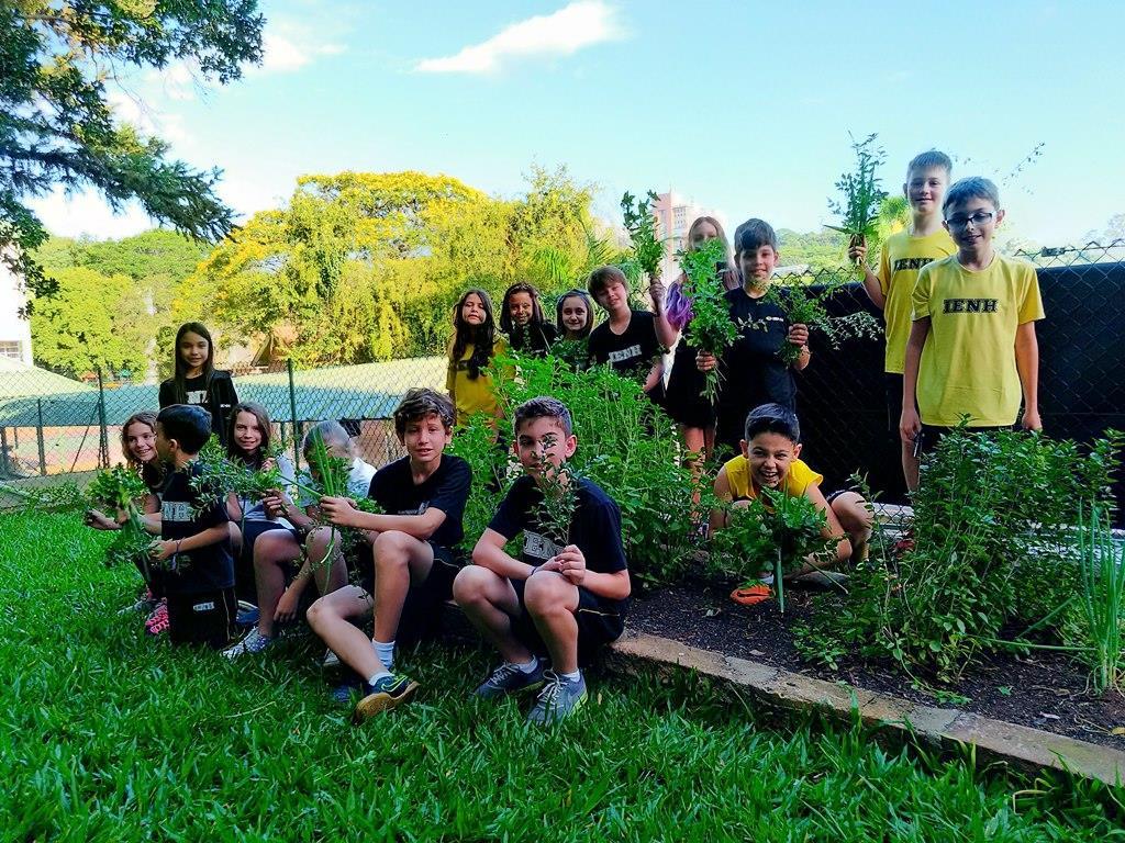 Estudantes realizam a última colheita de temperos e chás do ano na Horta Escolar do Pindorama